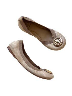 Tory Burch Women's Sz 7 Gold Glitter Ballet Flats With Logo Emblem Leather Sole